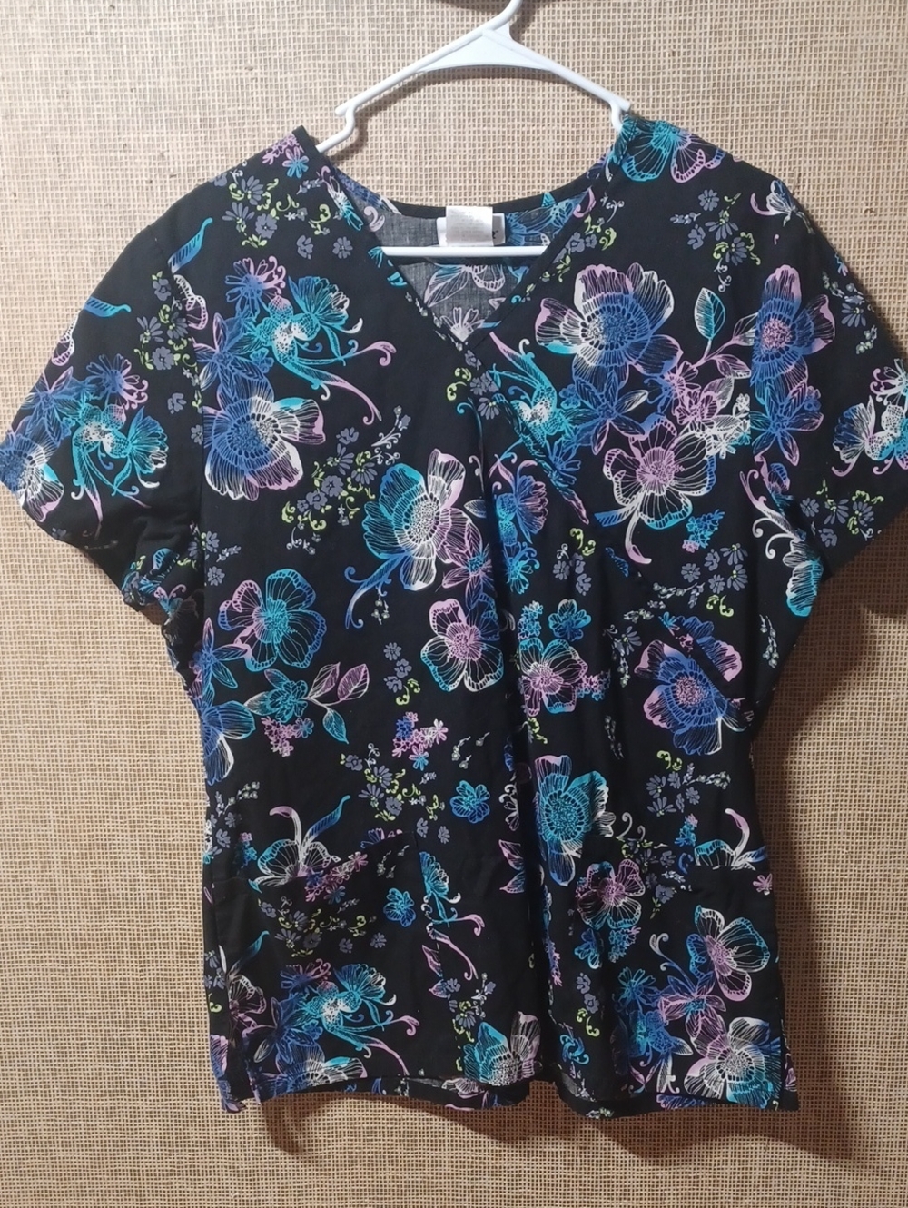 Scrubstar Black Floral V-Neck Top with Blue, Purple & Green Accents
